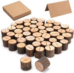 50 Pieces Wooden Place Card Holders with 50 Kraft Paper Cards, Rustic Wood Table