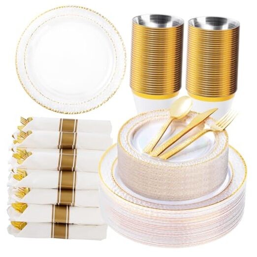 350PCS Clear Plastic Plates with Trim for 50 Guests, 50 Guests Set Gold