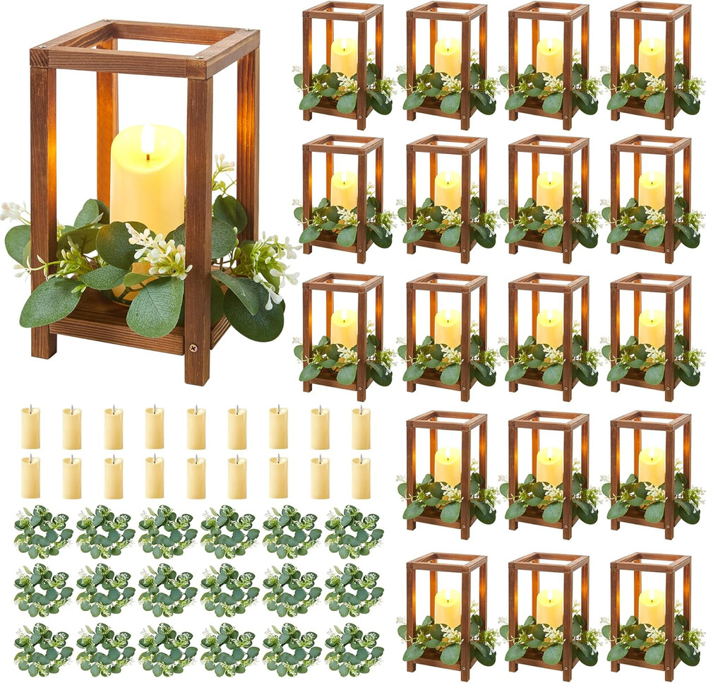 Rustic 54 Pcs Wooden Wedding Lantern Centerpieces with Candles & Wreaths