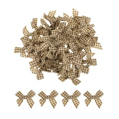 50Pcs Mini Gingham Ribbon Bow 1.5″ Checkered Fabric Satin Brown and Light Yellow
