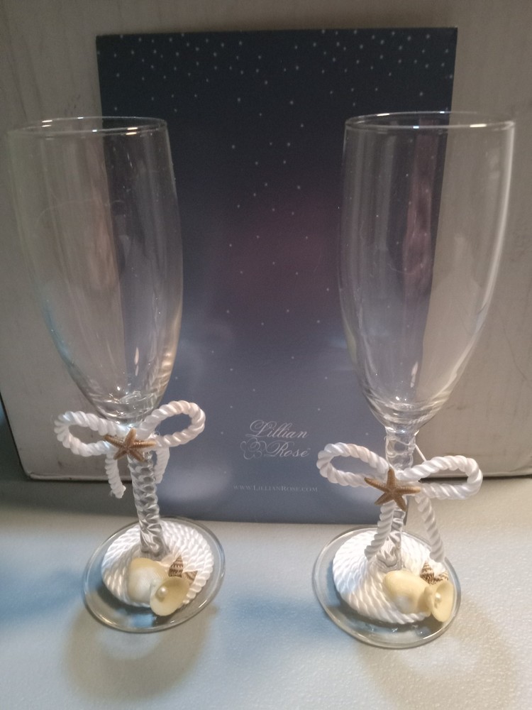 Lillian Rose Glass Designer champagne toasting flutes seashell starfish knots