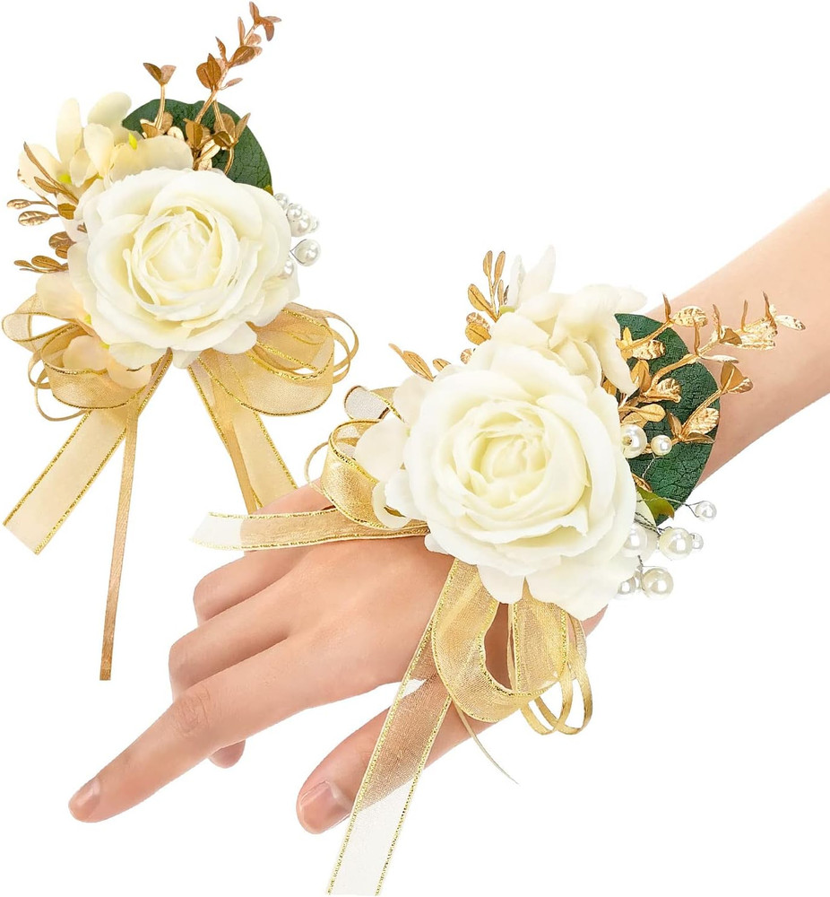 Ayieyill Ivory Rose Wrist Corsage and Boutonniere Set for Wedding Prom Bride