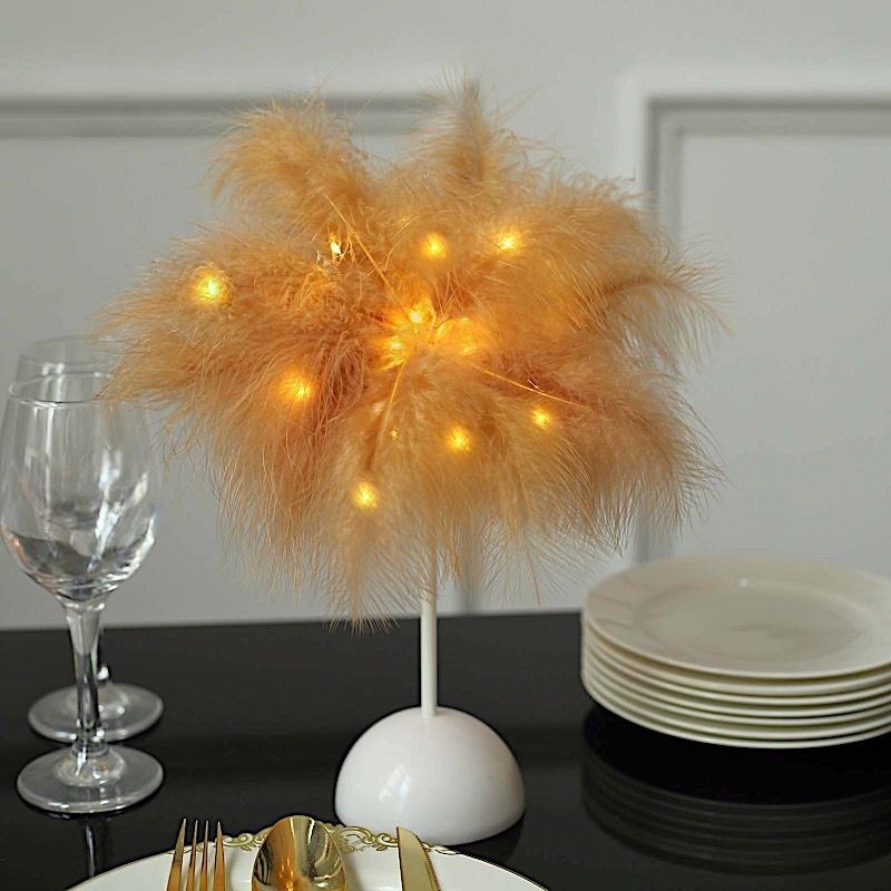 15″ NATURAL Feather DESK LAMP Decorative LED Light Table Centerpiece Party