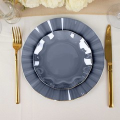 10 NAVY BLUE 6″ Round PLASTIC Salad Dinner PLATES Gold Wavy Rim Wedding Party