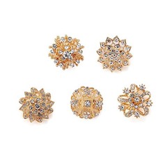 5 GOLD Metal Assorted Brooches Floral Pins with Rhinestones Party Decorations