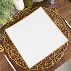 10 WHITE 10″ Square Concave Plastic Salad Dinner PLATES Gold Rim Party Events