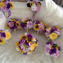 Wedding flowers bridal bouquets decoration sunflowers lav purple 7 bouquet