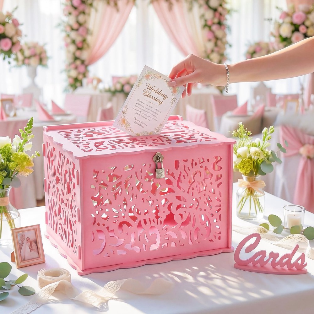Pink Wedding Card with Lock, PVC Gift Card for Wedding Reception Decorations,…