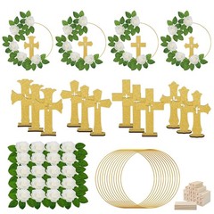 48 Pcs Baptism Centerpiece Decor – 12 Gold Wood Crosses, 12 Metal Floral Hoops,