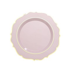 20 BLUSH 10.5″ Round Plastic Dinner Plates GOLD Scalloped Rim Events