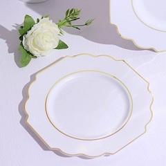 10 WHITE 11″ Baroque PLASTIC DINNER PLATES with Gold Rim Party Event Decorations