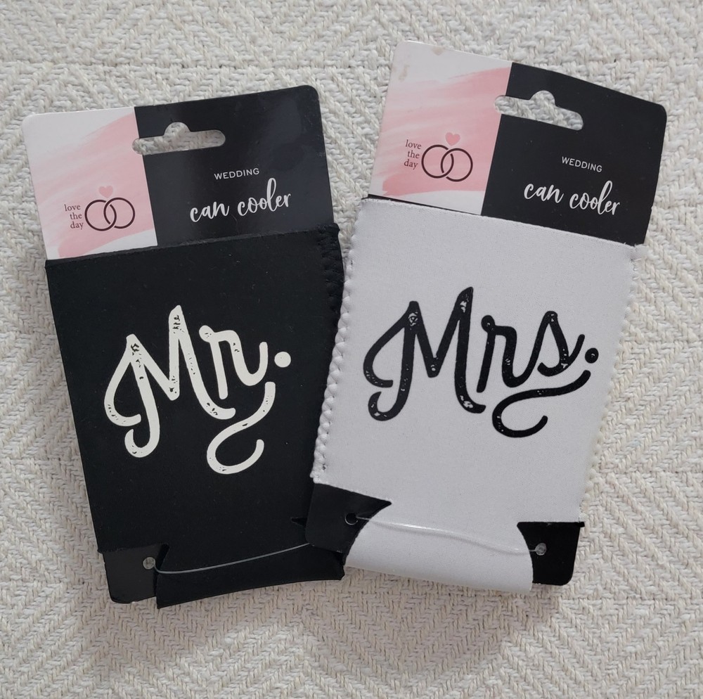 Mr. & Mrs. Insulated Foam Can Cooler Set of 2 Love the Day Black White Wedding