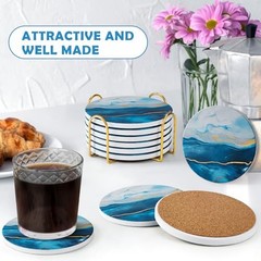 Set of 6 Blue Absorbent Marble Ceramic Coasters for Drinks – Blue