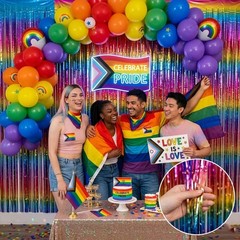 Pack of 4 Sparkly Neon Rainbow Foil Fringe Curtain Backdrop Metallic Streamer…