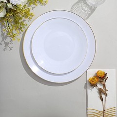 WHITE 10 Glossy 8″ Round Plastic Salad PLATES Gold Rim Party Events Decorations