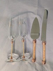 Mr Mrs Wedding Champagne Flutes Cake Knife Server Set Rose Gold Glitter