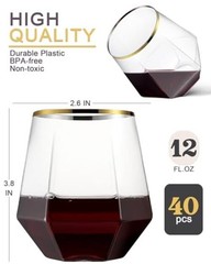 40 Pcak Plastic Stemless Wine cocktail Whiskey Champagne Gold Rim-40 Pack