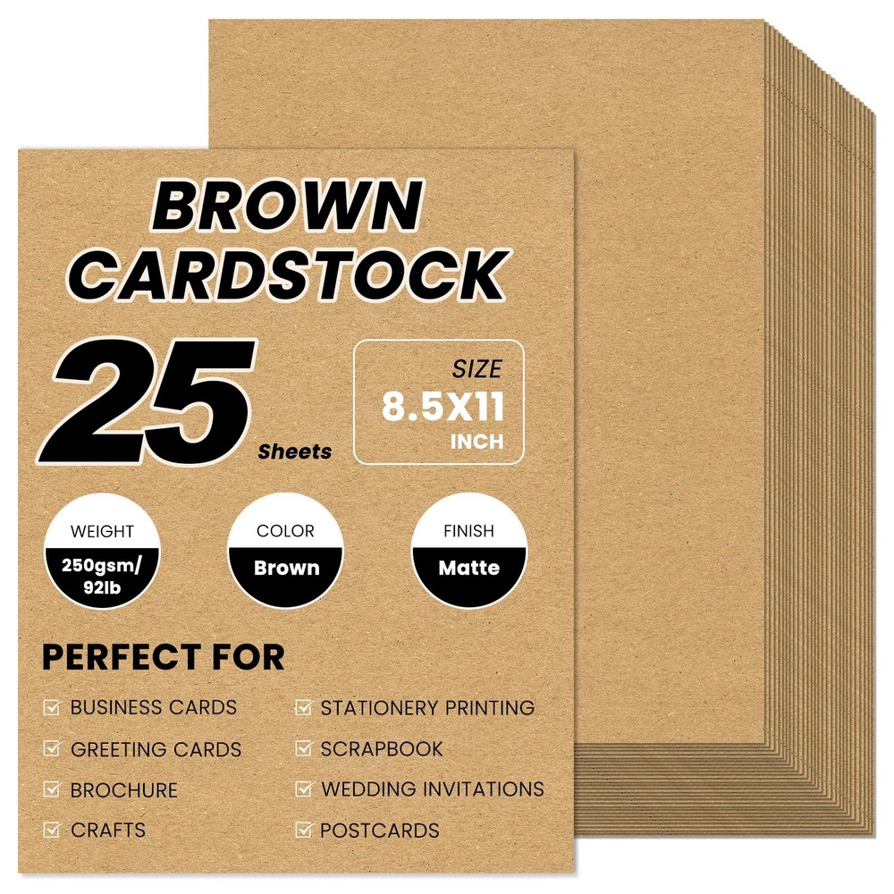 25 Sheets Brown Cardstock 8.5 x 11, 92lb/250gsm Kraft x 11 inches, brown
