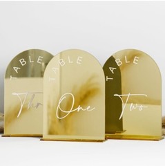Gold Mirror Arched Wedding Table Number 1-10, 5″x7″,
