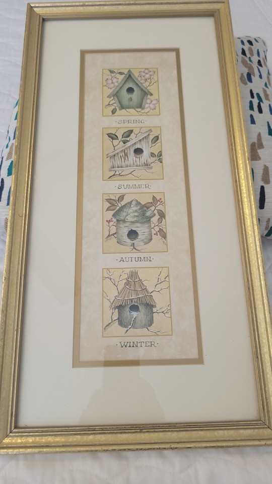 Gold Framed/Matted 23″ x11″ Picture 4 Birds And Nests – East Season, Vintage, VG