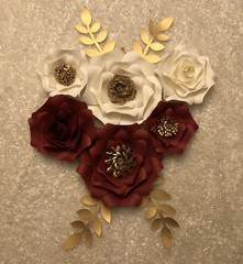 Paper Flowers set of 6 with leaves, Backdrop, Wedding, Nursery, Red, White, Gold