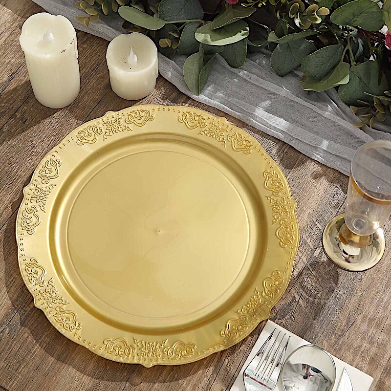 10 Gold Round 10″ Salad Plates Gold Trim Party Wedding Catering Disposable Home