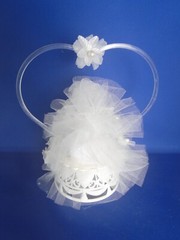 New Elegant Wedding Caketop, white bell, shimmer white floral, heart back #251