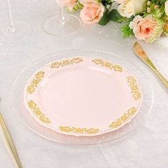 8″ Blush Round Salad Plates Gold Trim Party Wedding Disposable Tableware