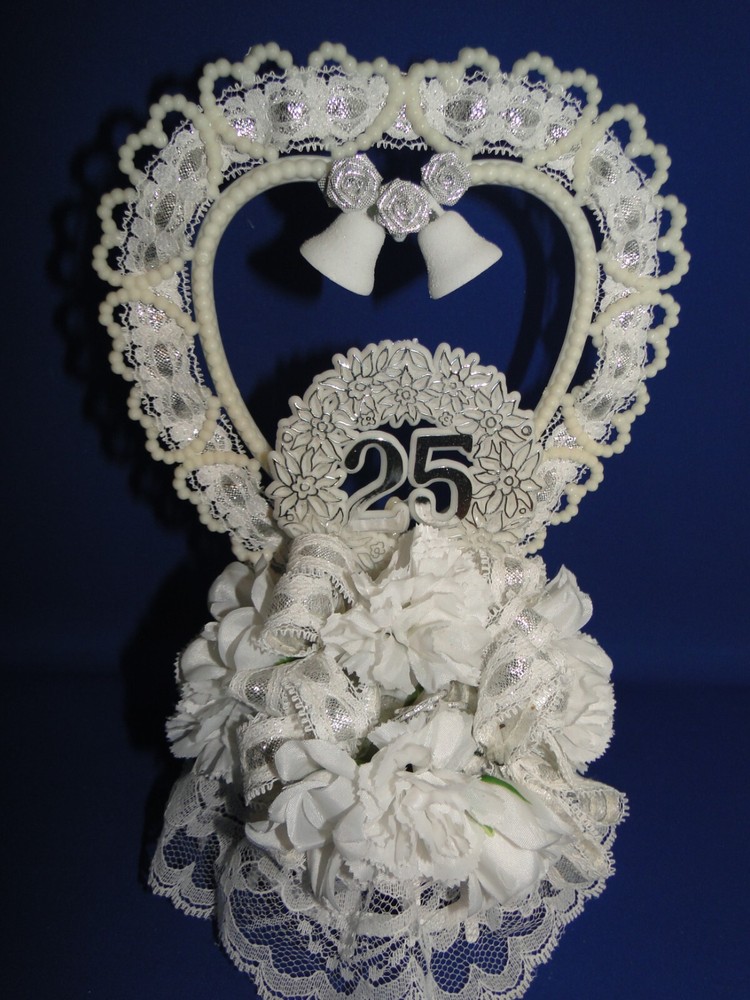 New Elegant 25th Wedding Anniversary Caketop with White Floral & #25 Decor, #54