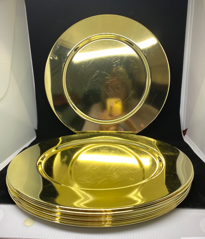 Set of 8 Heavy Gold Plastic or Aluminum Charger Plates 12”