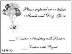 50 RSVP cards Graduation, Anniversary Balloons printed in BLACK with Envelope