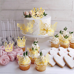 9 Pack Crown Cake Toppers Mini Tiara 3D Gold Butterfly Decoration Vintage Pearl