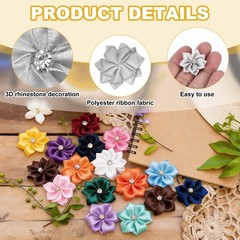 100 Pcs Ribbon Flowers, 1.2 in Fabric Flowers with Rhinestones, Light Gray