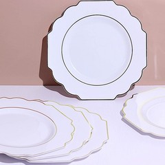 10 WHITE 11″ Baroque PLASTIC DINNER PLATES with Gold Rim Party Event Decorations