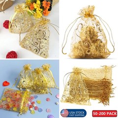 200pcs Gold Organza Wedding Party Gift Bags Favor Candy Sheer Jewelry Pouches US