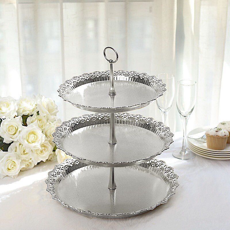 15″ Metallic Silver 3 Tier Plastic Cupcake Stand Round Tower Lace Cut Trim Party