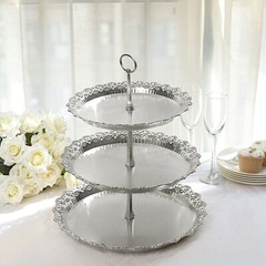 15″ Metallic Silver 3 Tier Plastic Cupcake Stand Round Tower Lace Cut Trim Party