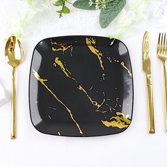 10 BLACK GOLD Square Metallic Marble Plastic Salad DINNER PLATES Party Tableware
