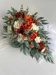 Cascading Wedding Bouquet Bunt Orange Rust Ivory Eucalyptus Gum Autumn Cascade