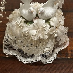 Vintage Wedding Cake Topper Acrylic Heart Birds Doves Floral Lace 9”