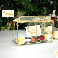 Glass Wedding Card Box with Lock, 12.6X5.9X9 Inches Large Gold Card Boxes for We