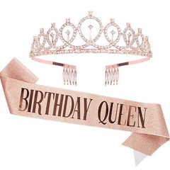 CAVETEE Birthday Crown and Sash for Women – Rose Gold 2 Piece Set, color1