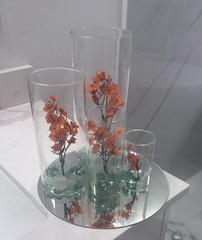 16 sets of 4 Clear Glass Candle Holder Cylinder Vases + Flowers + Glass Stones.