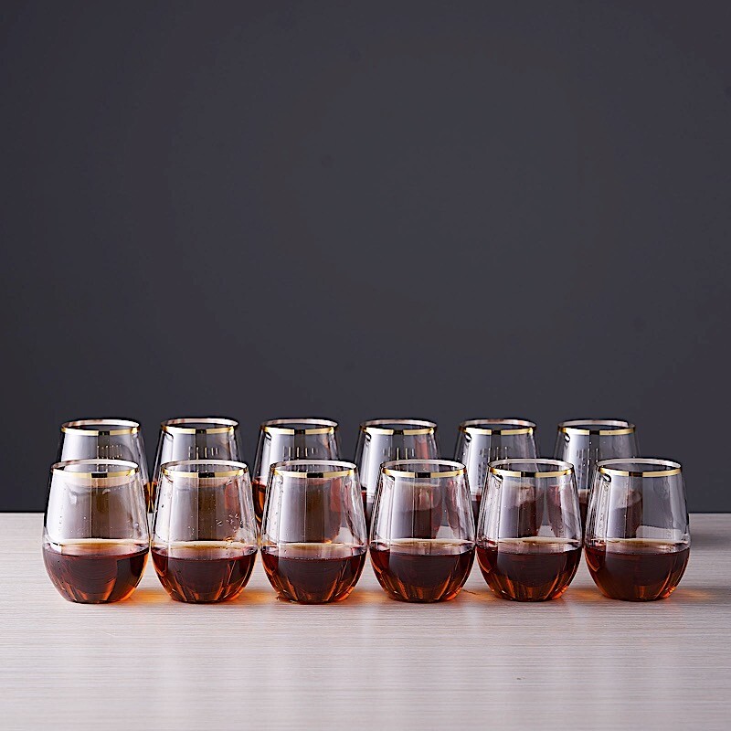 12 pcs 14 oz CLEAR with GOLD Rim Stemless Plastic Wine Glasses Party Supplies