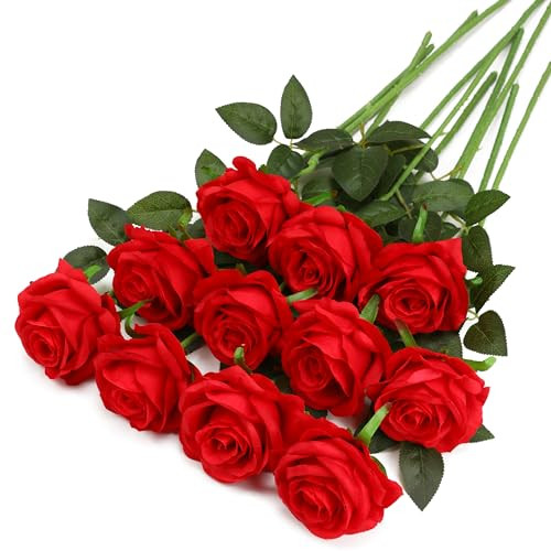 Fake Roses Artificial Flowers – Fake Artificial Roses Silk Flowers 10 Pcs Red
