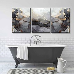 3Pcs Framed Modern Abstract Black and Gold Canvas Wall Art Fluid Lines Marble…