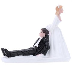Funny Black and White Bride Dragging Groom Wedding Cake Topper Figurine
