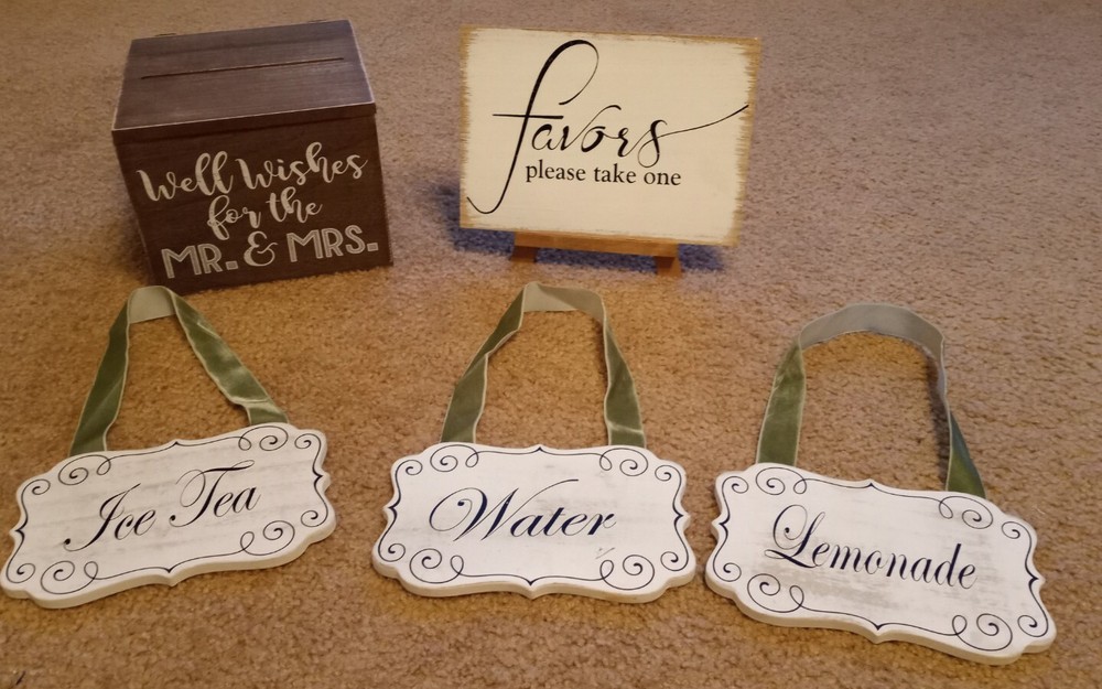 LOT OF 5 Wedding Signs, and Well wishes box, Wood- White/light brown