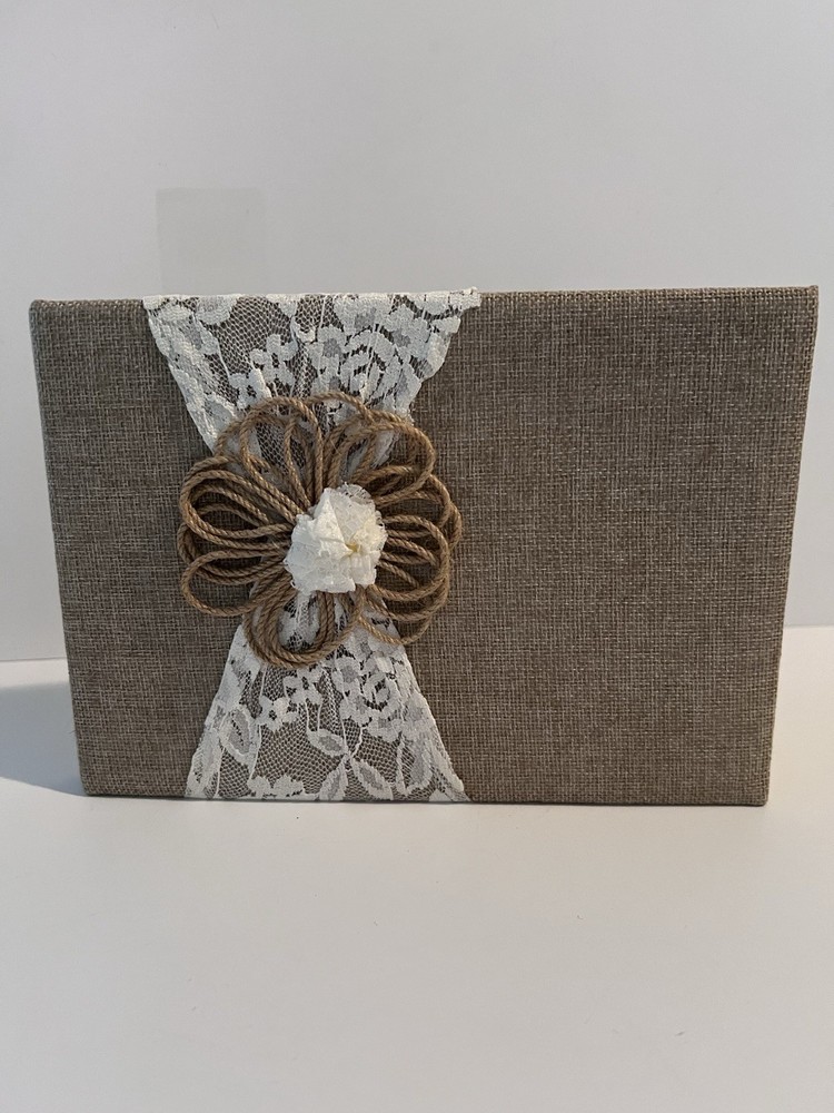 Rustic Burlap Linen & Lace Wedding Guest Book, Brown/White, Twine Flower