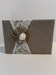 Rustic Burlap Linen & Lace Wedding Guest Book, Brown/White, Twine Flower